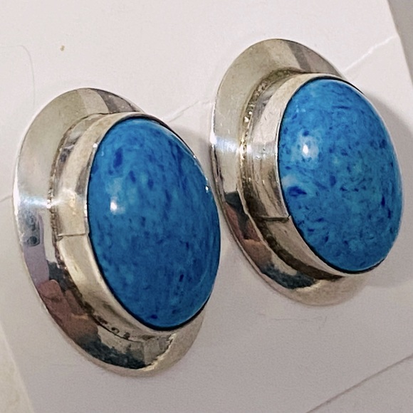 NAVAJO Sterling Silver BLUE DENIM LAPIS Large Oval Concho EARRINGS - Picture 1 of 6